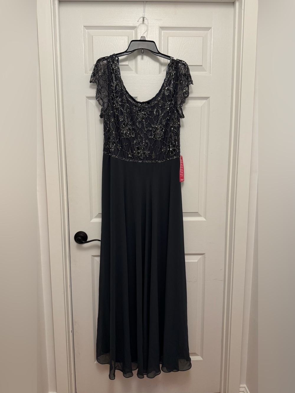 J Kara Gray Blue Beaded Dress with Cap Sleeves